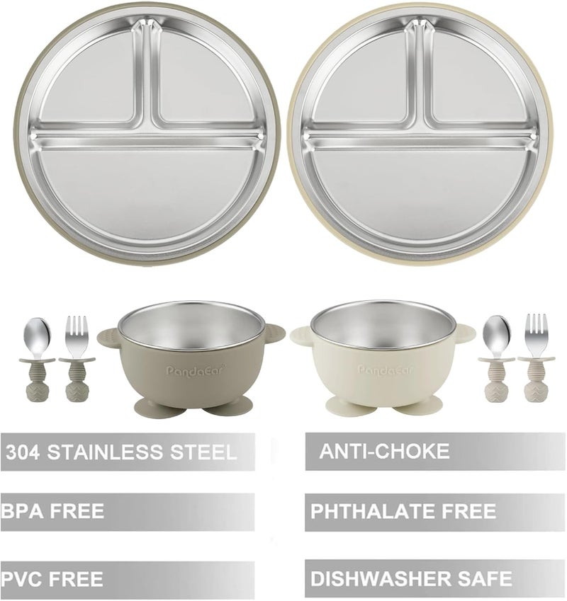 PandaEar 8PCS Baby Feeding Set | Stainless Steel Suction Plates and Bowls with Silicone Fork and Spoon Utensils | Baby Led Weaning Tableware for Toddlers & Kids (Tan & Walnut) - Image 3